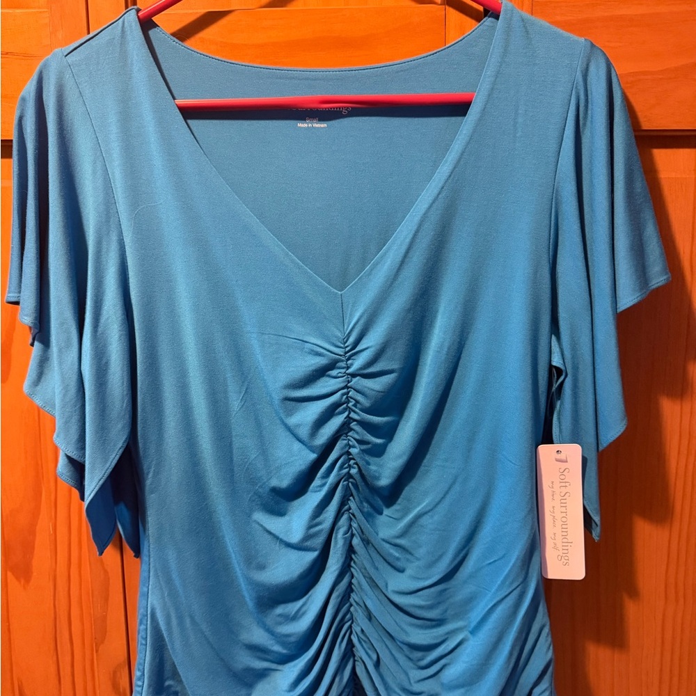 Soft Surroundings Teal Ruched V-Neck Draped Tunic